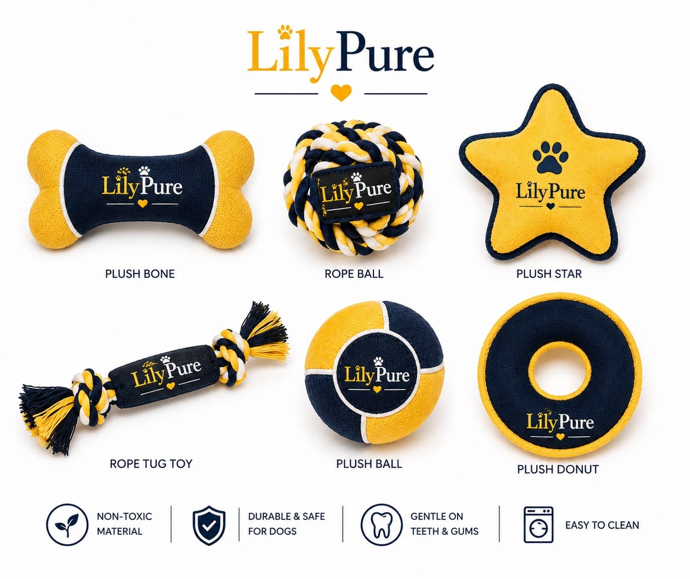 LilyPure toy collection including bones, ropes, and plush shapes