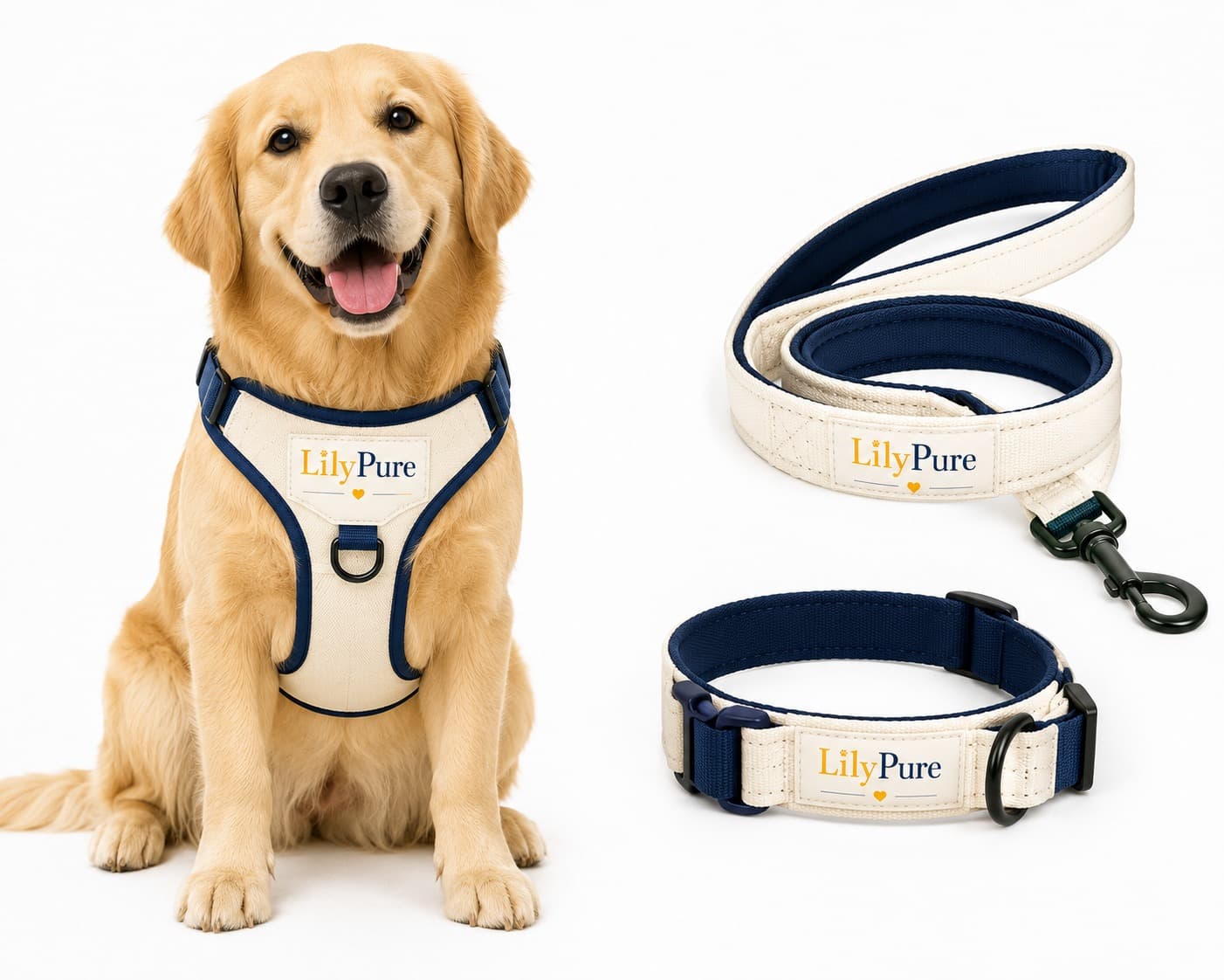 Golden Retriever wearing a cream LilyPure harness