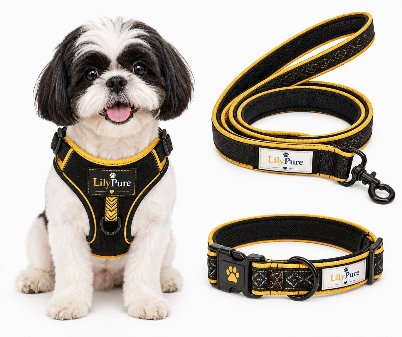 Small dog in a black and gold LilyPure harness with matching leash