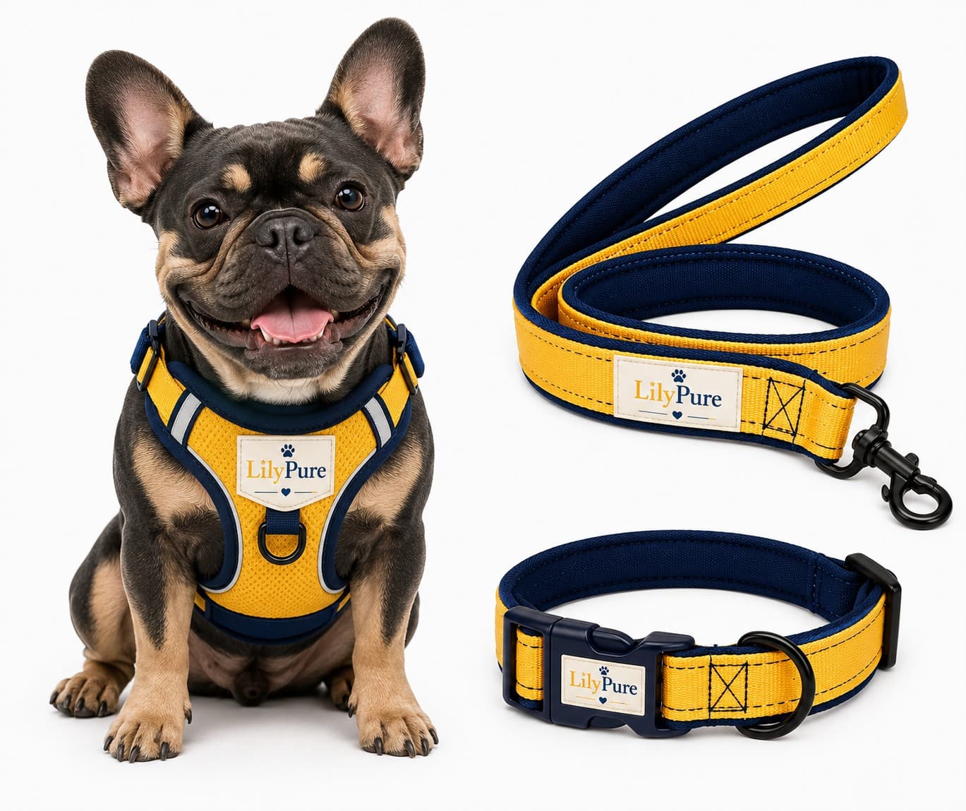 French Bulldog wearing a mustard and navy LilyPure harness with matching leash and collar