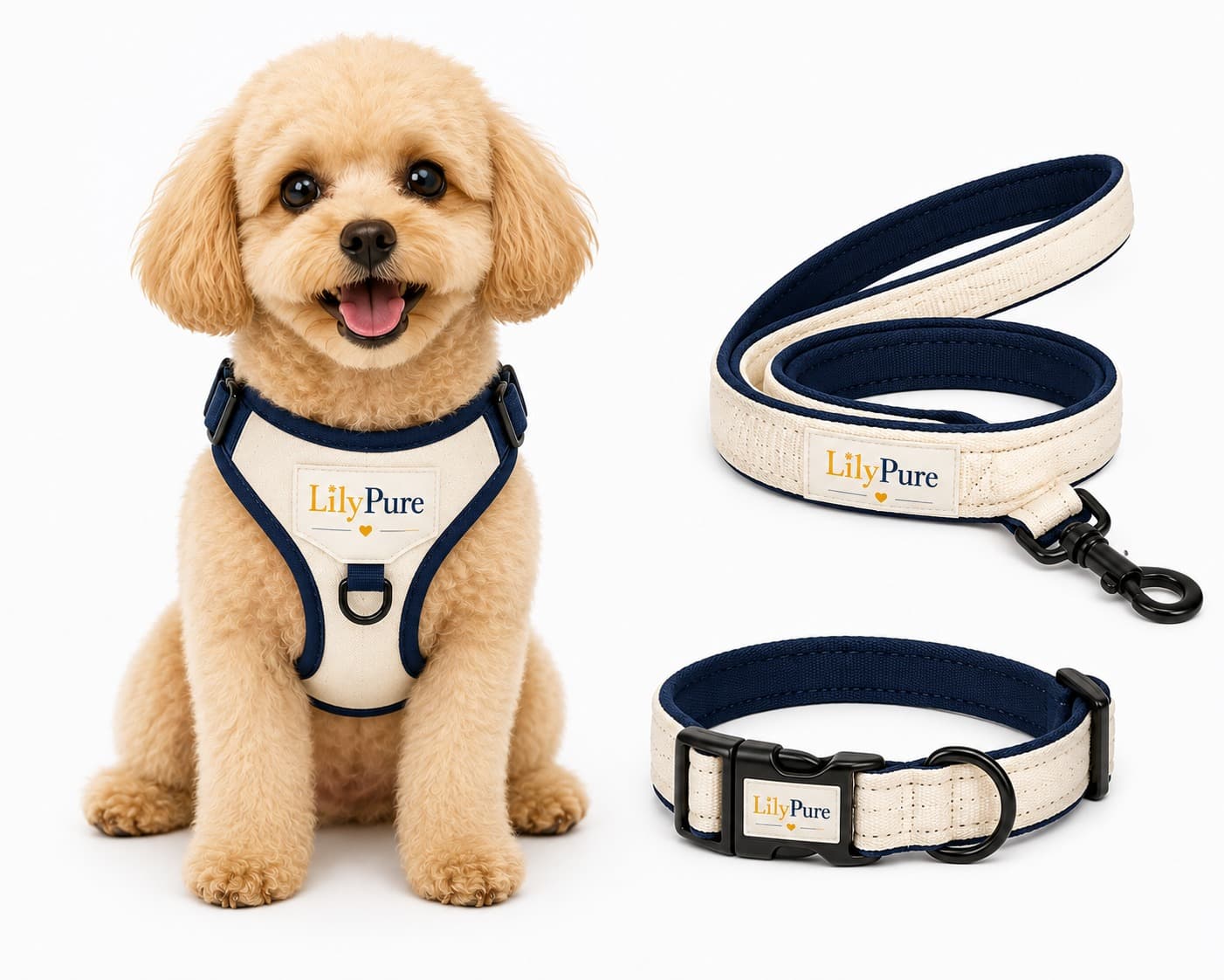 Toy poodle wearing a cream LilyPure harness with matching collar