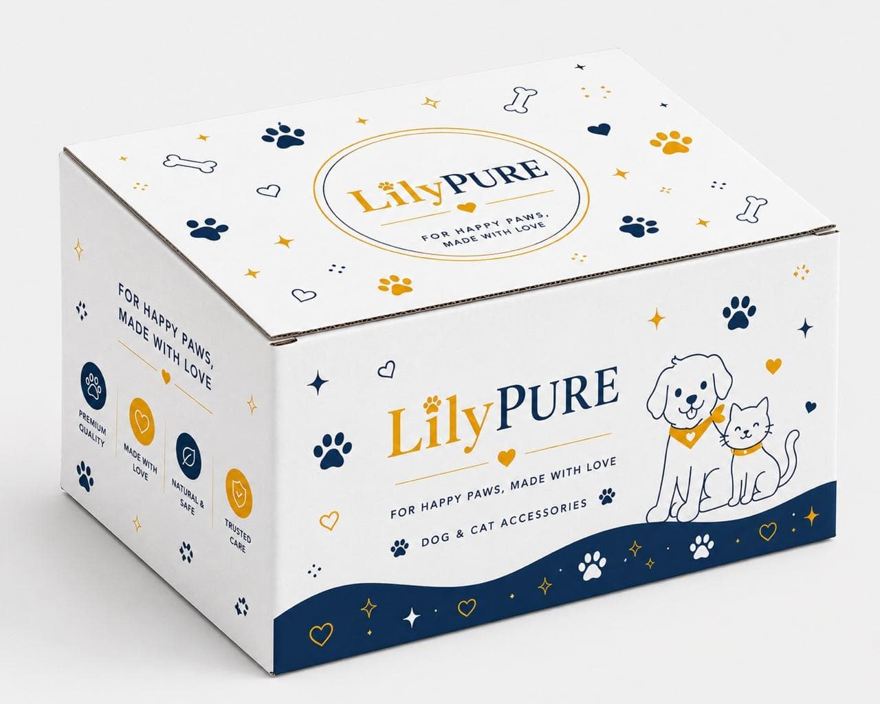 LilyPure shipping box with dog and cat line art, paw prints, and the brand mark